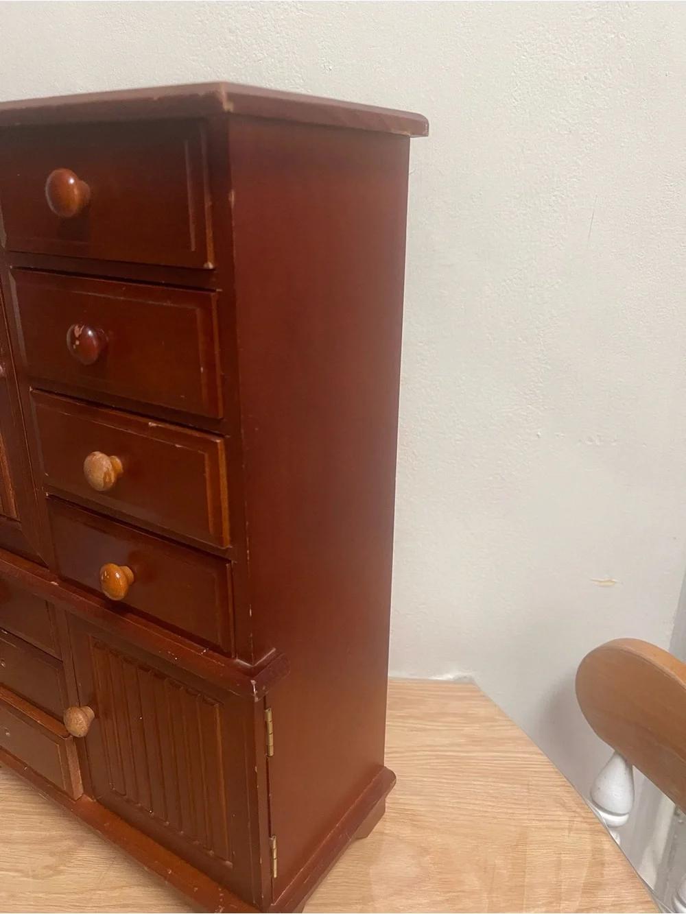 Vintage Mele Tall Wooden Jewelry Box with Seven Drawers and Drawers Mirror